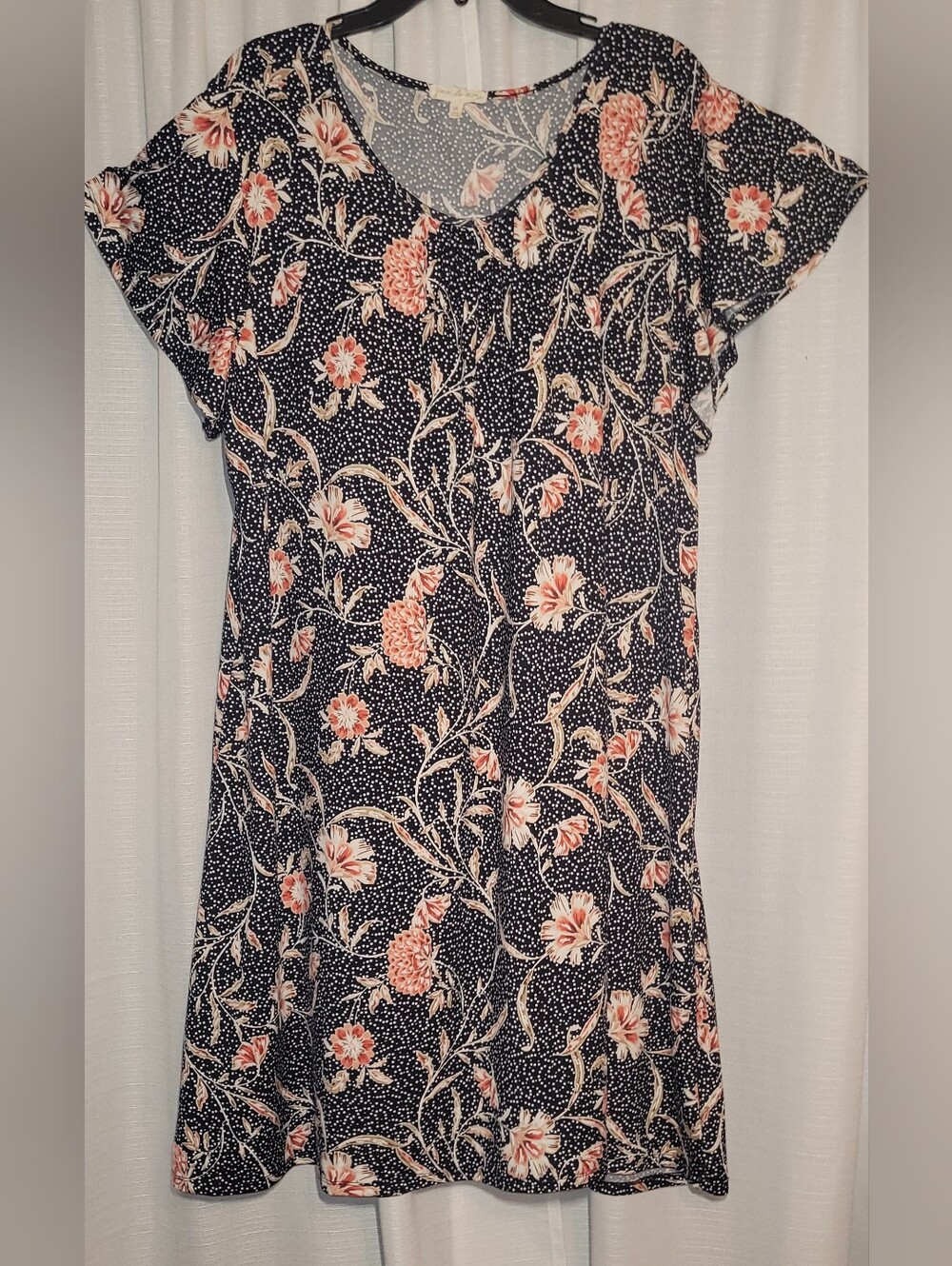 Joie De Vivre Floral V-Neck Short Sleeve Women's Dress - Navy with Pink Flowers